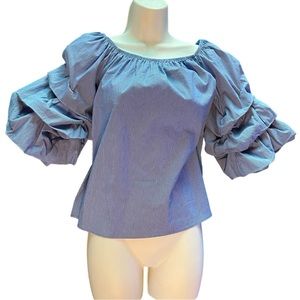 Zara Off The Shoulder Puff Sleeve Pinstriped Blouse Blue & White Size XS